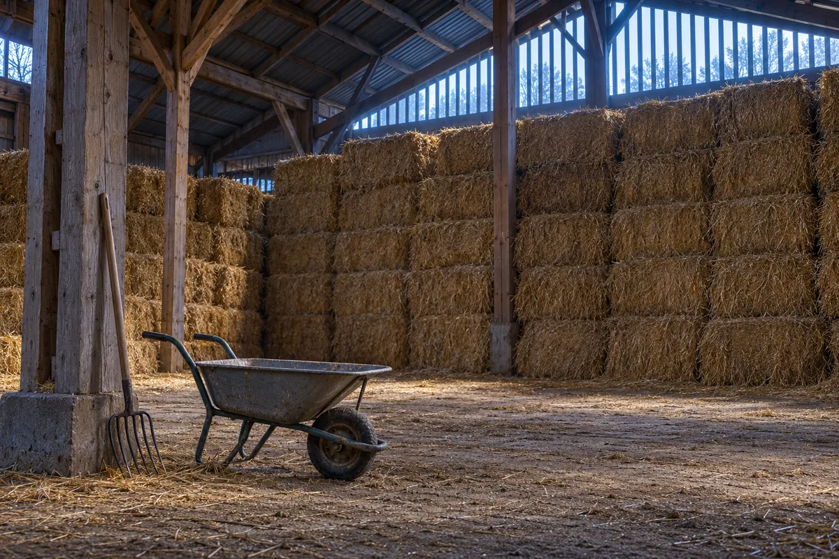 Hangar agricole au petit matin, bottes de paille empilées, fourche et brouette sur la terre battue