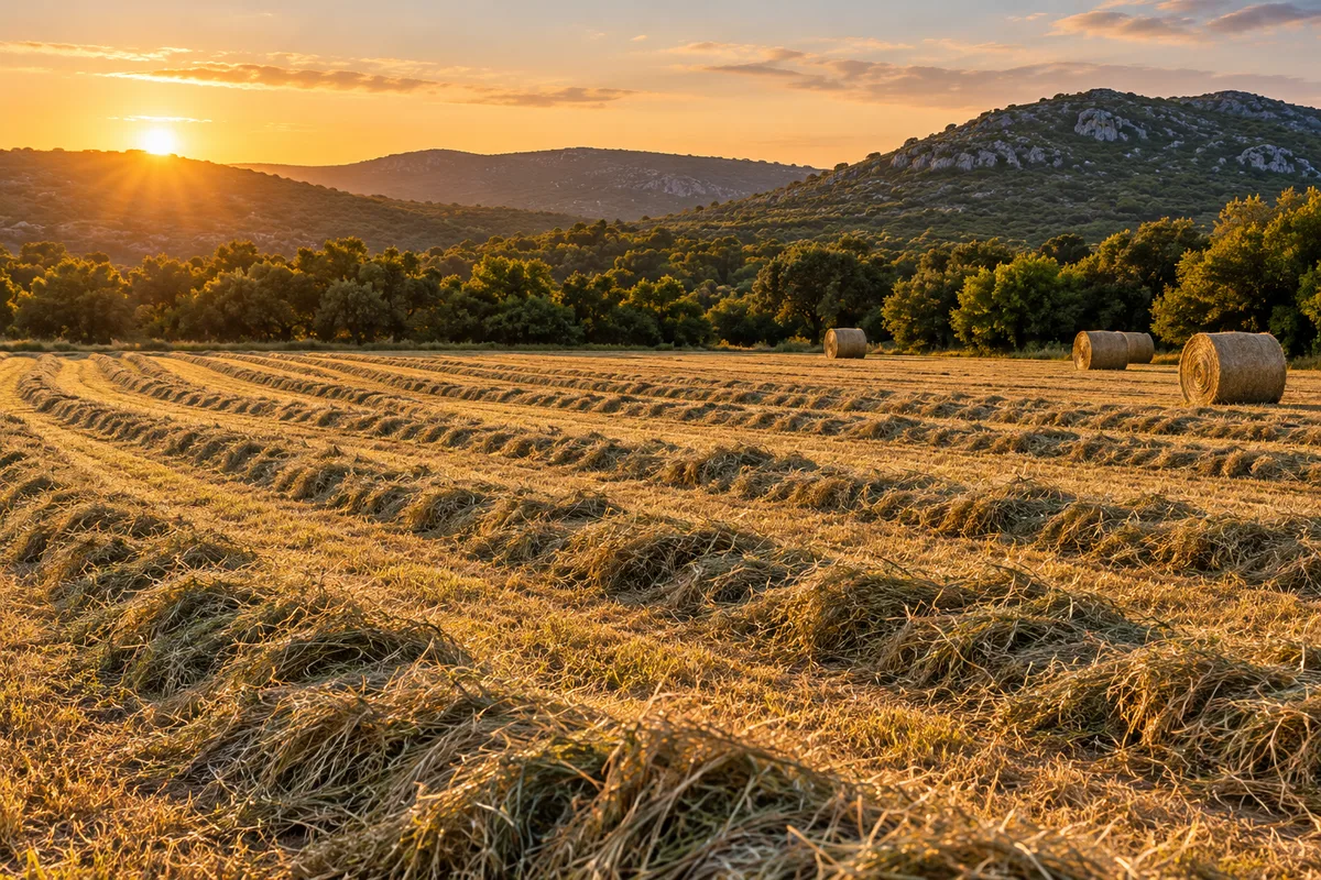 Prairie fauchée en fin de journée, andains de foin et balles rondes au pied des collines de garrigue