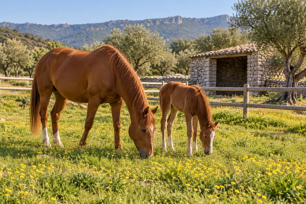 Jument alezane et son poulain broutant dans un pré bordé d&rsquo;oliviers au printemps