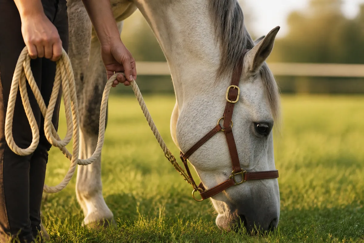Mains d&rsquo;un soigneur tenant un licol pendant qu&rsquo;un cheval gris broute calmement dans un pré
