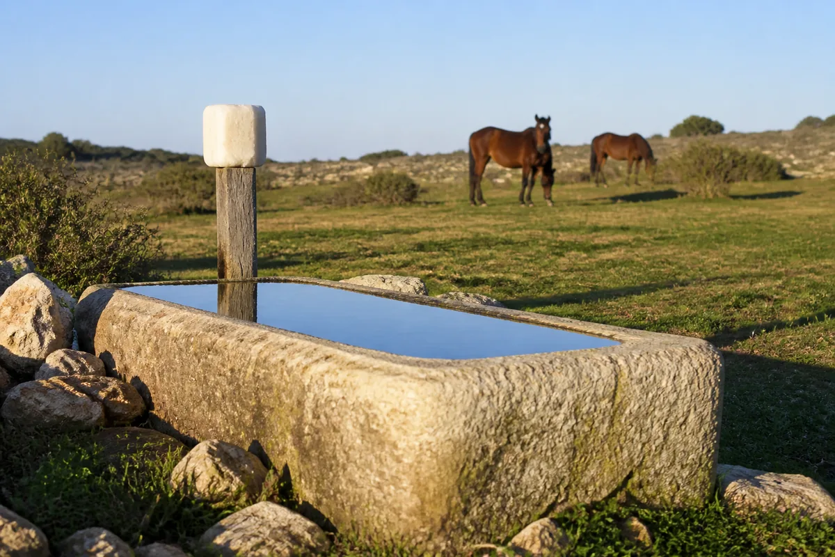 Abreuvoir en pierre rempli d&rsquo;eau claire au bord d&rsquo;un pré, chevaux au repos en arrière-plan