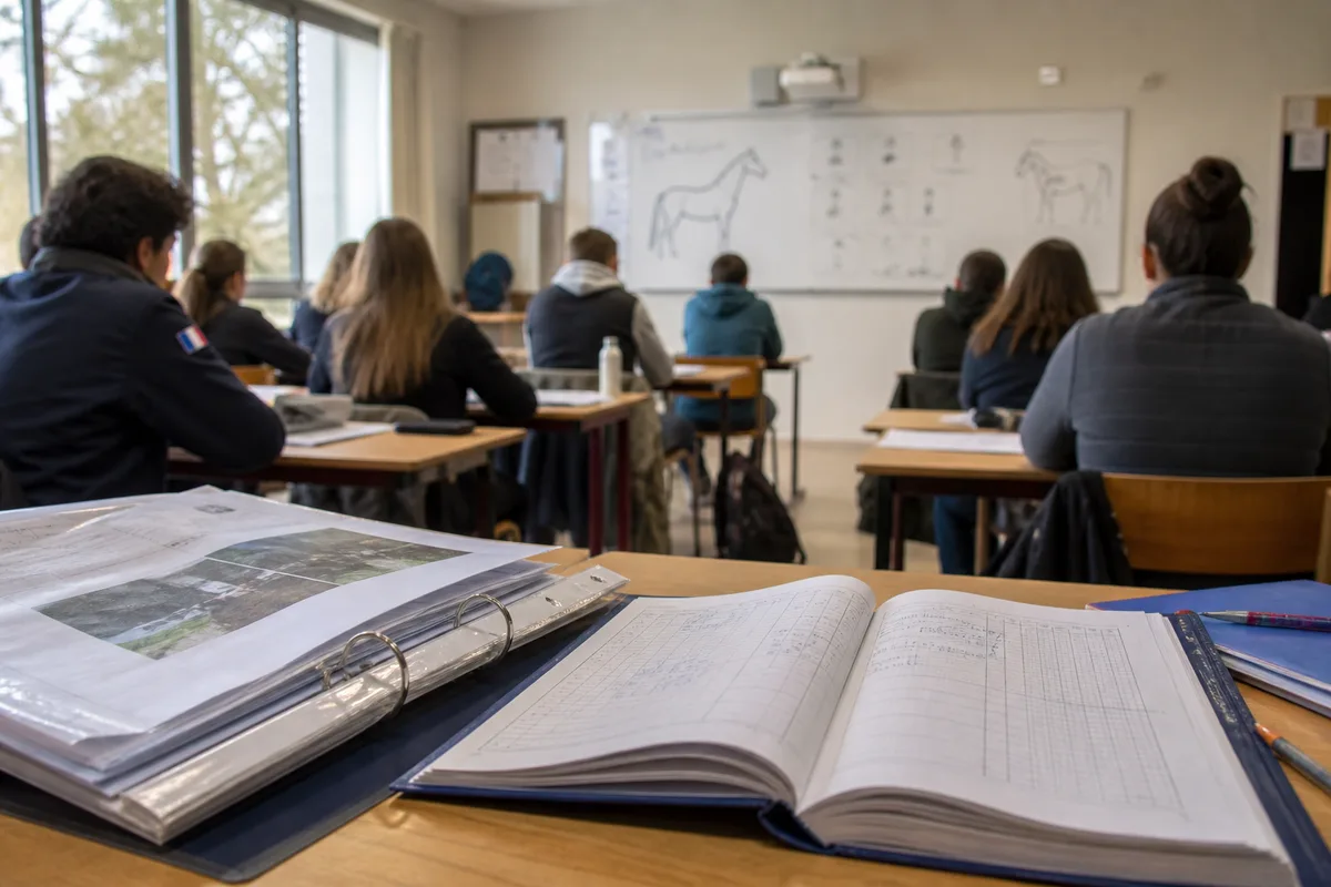 Salle de cours d&rsquo;un lycée agricole avec tableau de suivi de poulinières et registre d&rsquo;élevage