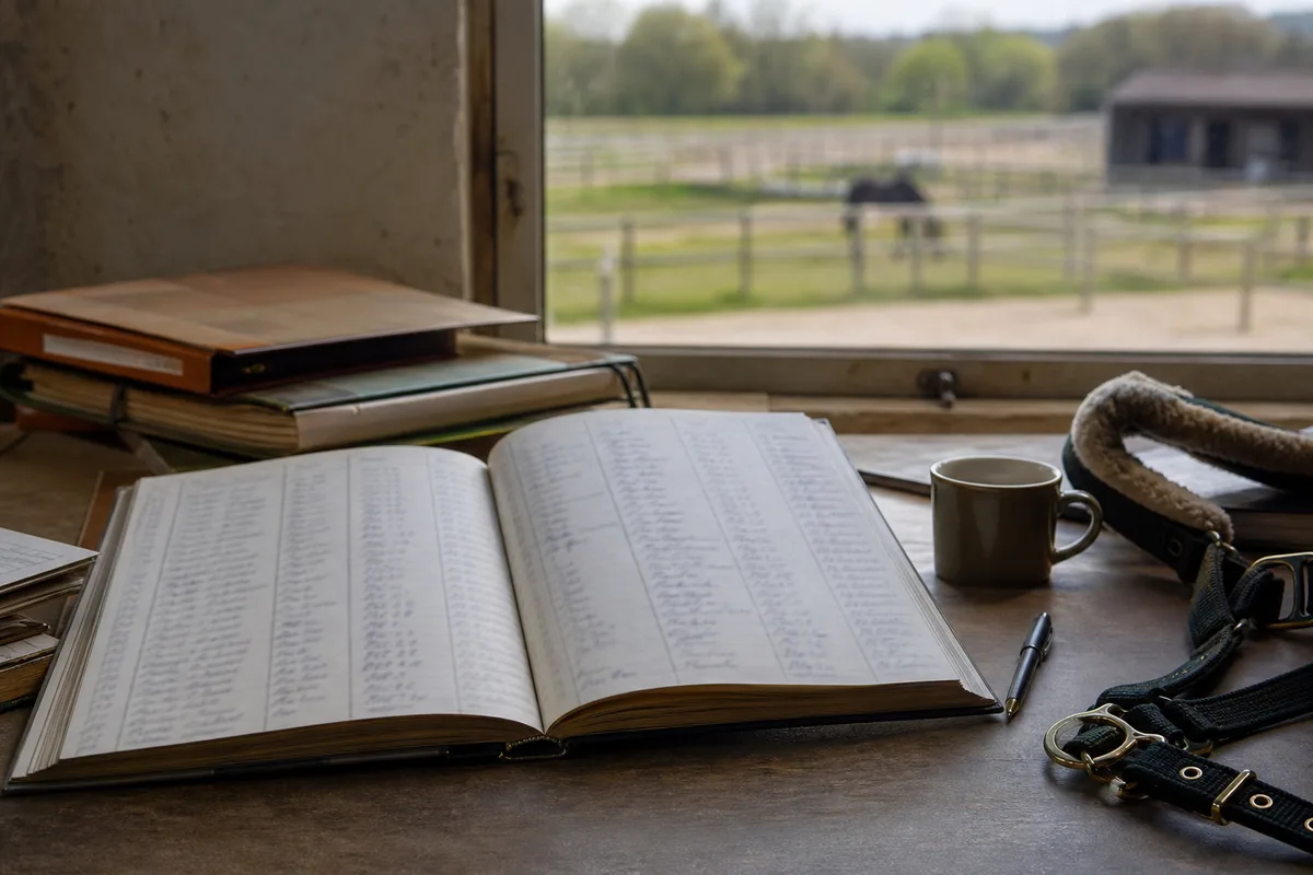 Registre d&rsquo;élevage ouvert sur une table de bureau de haras avec dossiers de diplômes agricoles