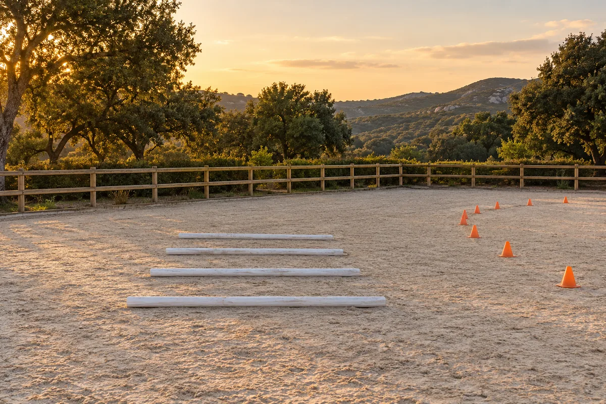 Carrière en sable clair préparée avec des barres au sol et des plots pour un parcours de débutant
