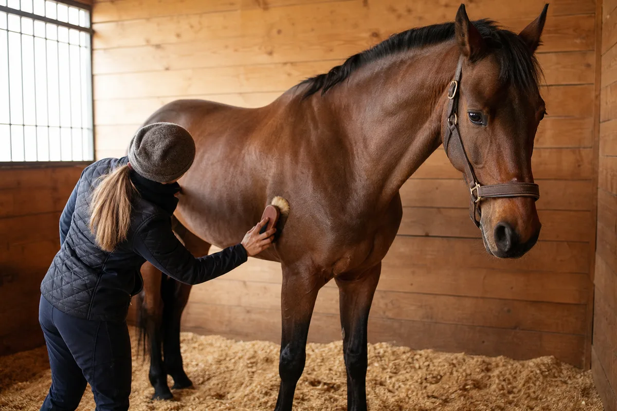 Palefrenier soignant un cheval dans un box d’écurie