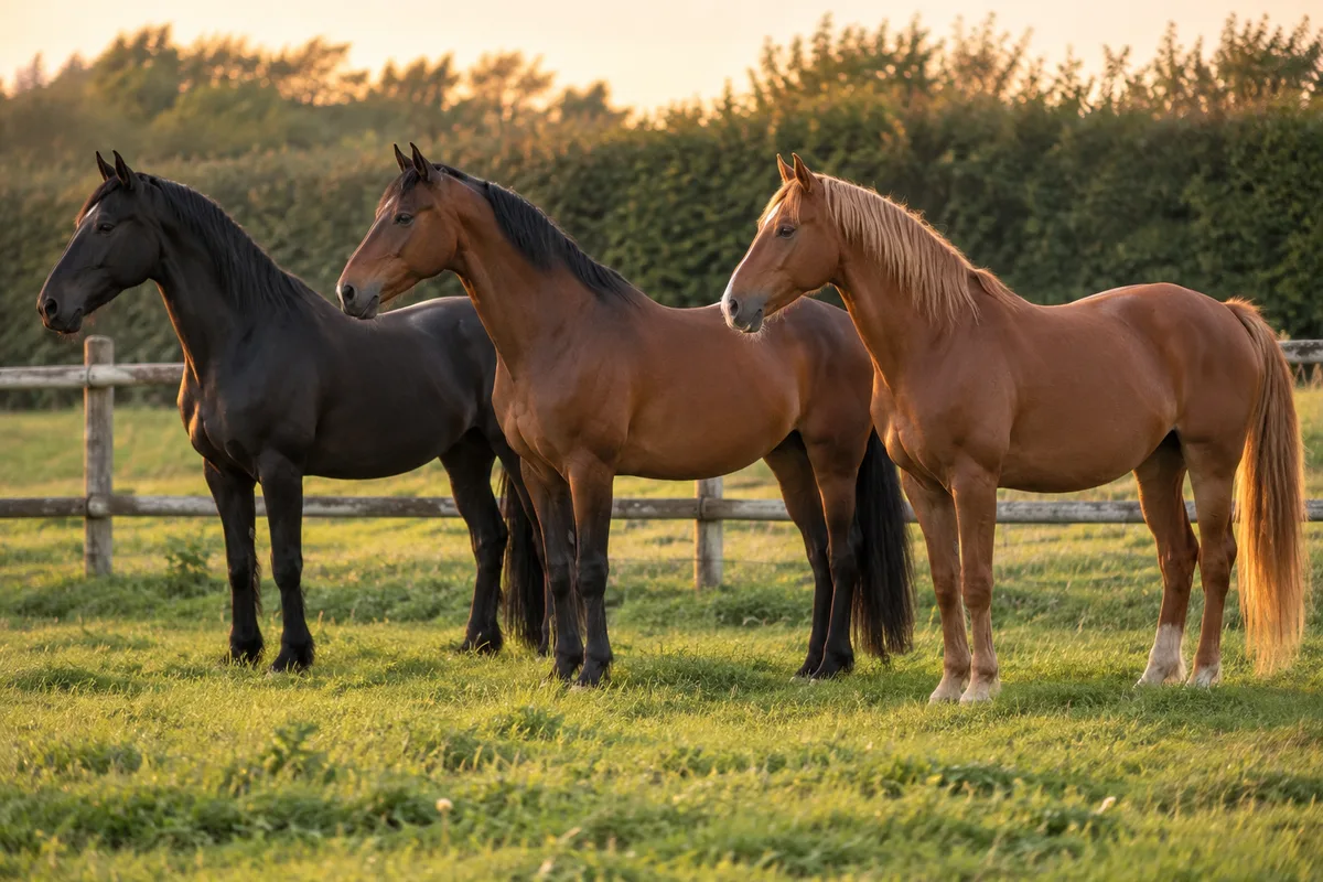 Trois chevaux au pré côte à côte, un noir, un bai et un alezan, lumière douce de fin de journée