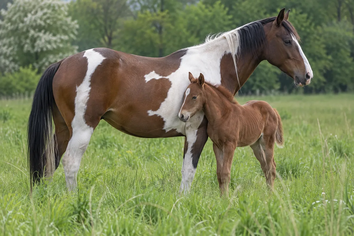 Jument pie tobiano et son poulain alezan dans une prairie verte, vue de profil