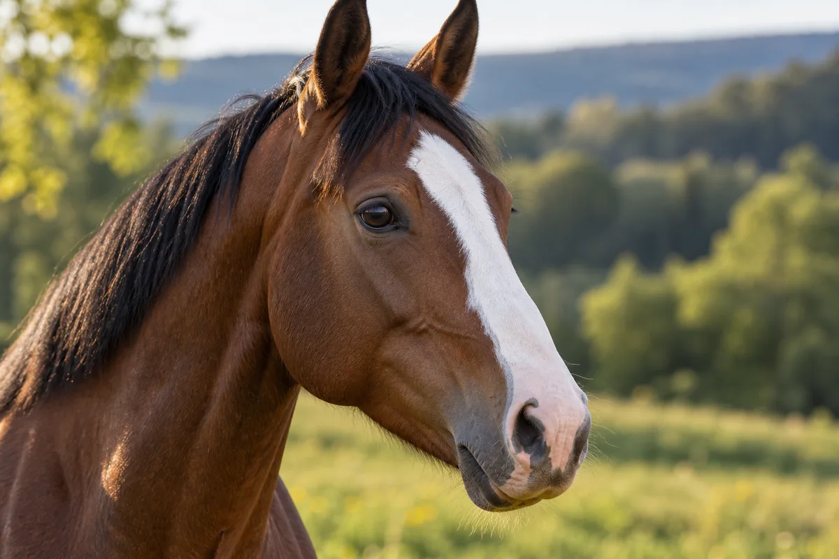 Tête de cheval bai de profil avec une liste blanche descendant sur le chanfrein